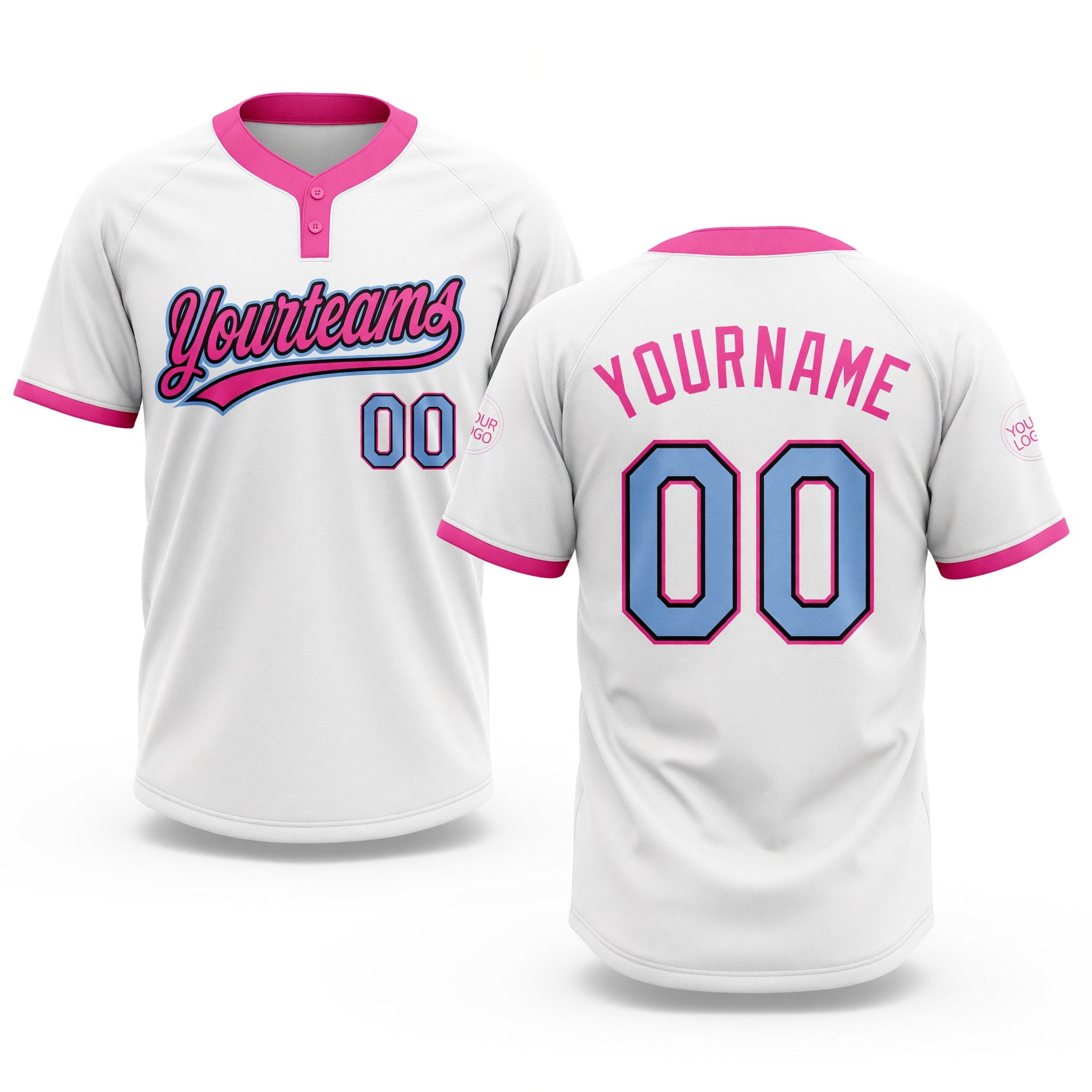 Custom White Light Blue Black-Pink Two-Button Unisex Softball Jersey