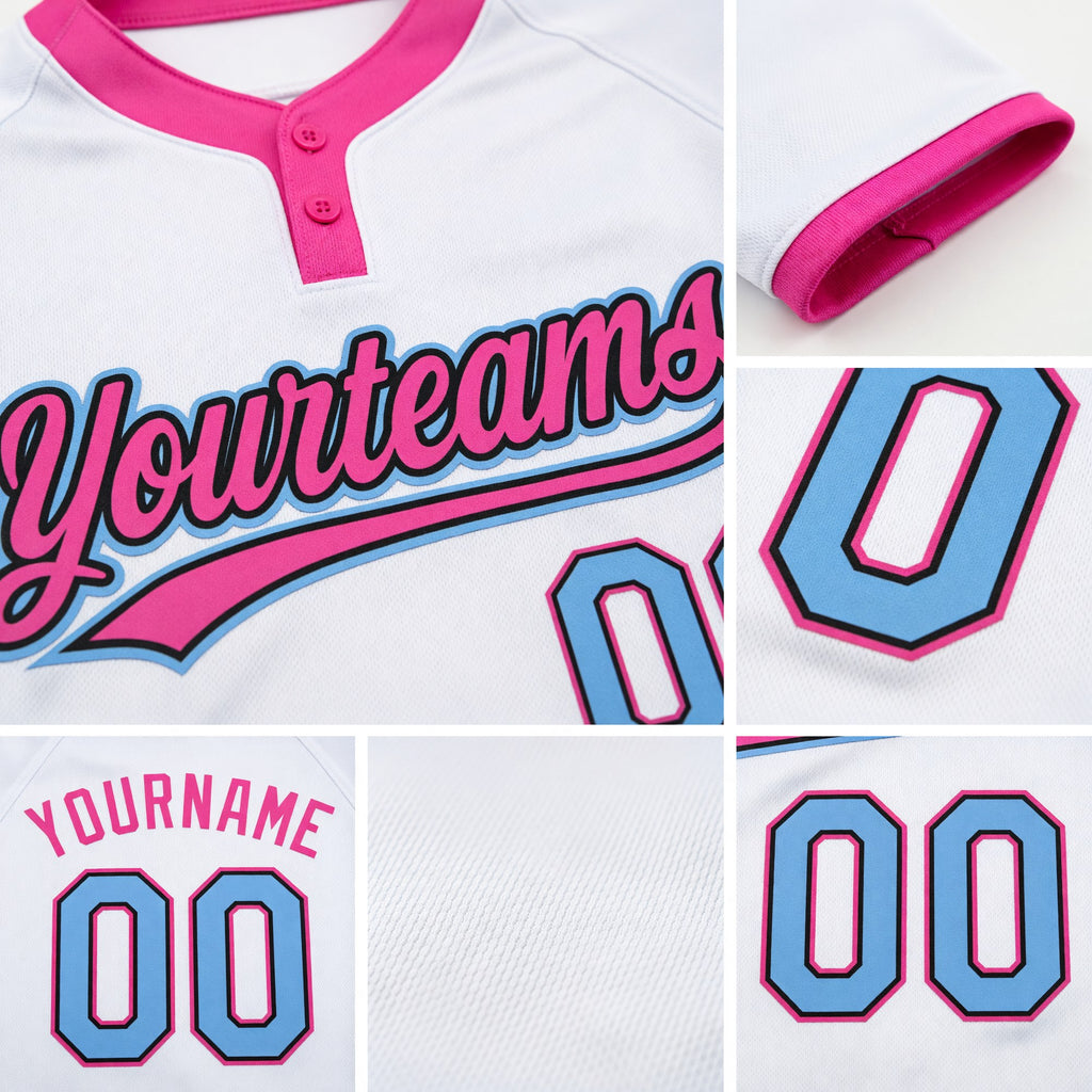 Custom White Light Blue Black-Pink Two-Button Unisex Softball Jersey detail