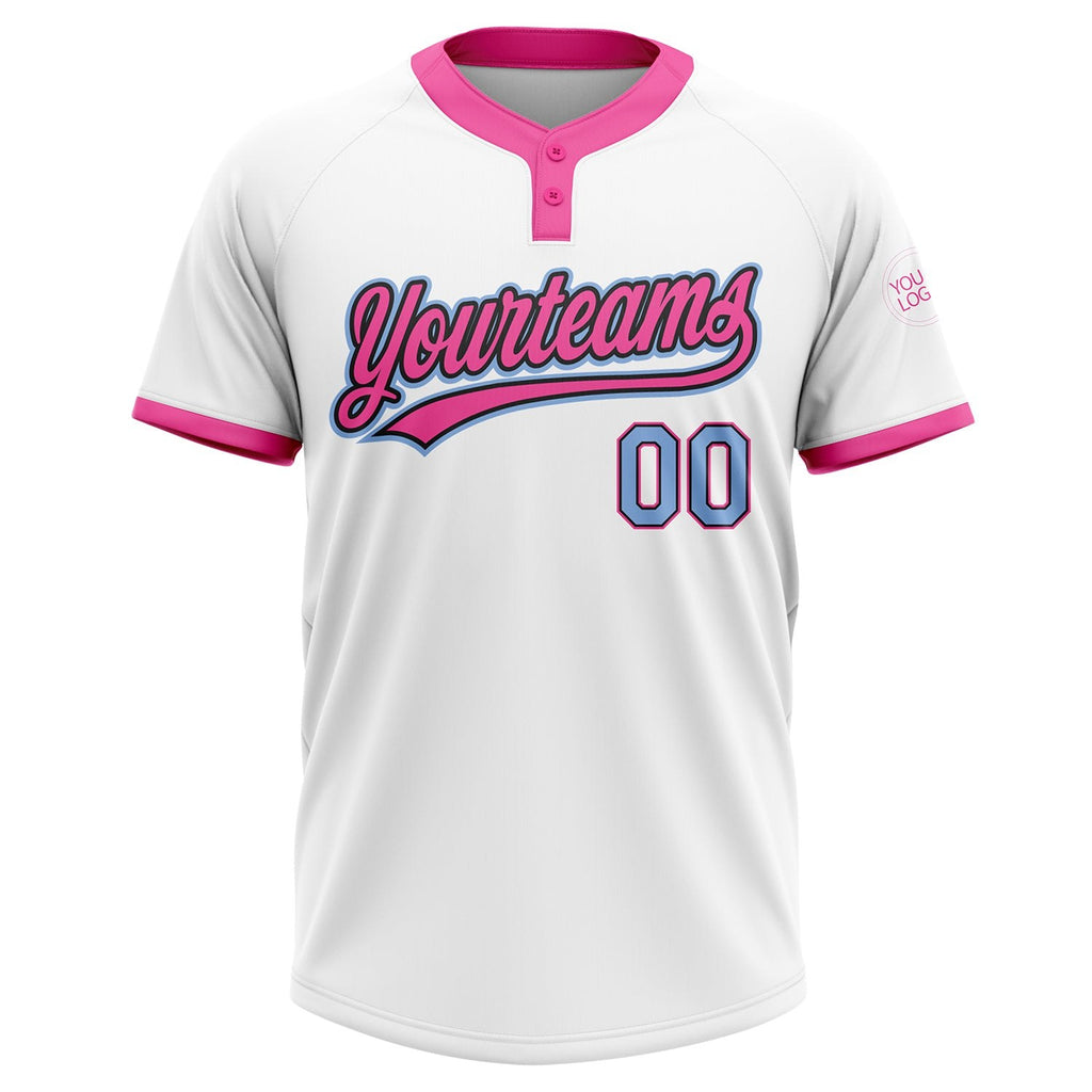 Custom White Light Blue Black-Pink Two-Button Unisex Softball Jersey photo 2