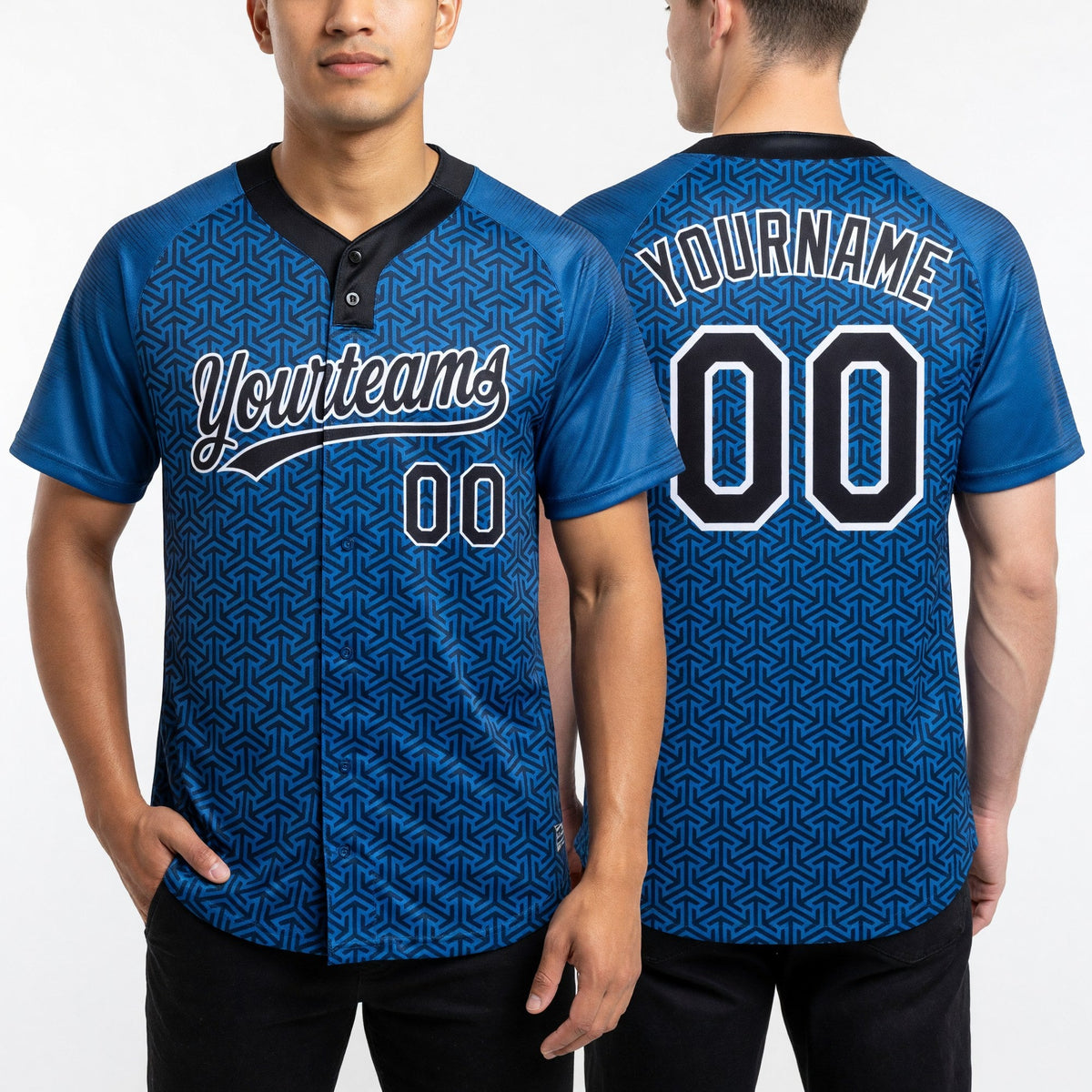 Custom Blue Black-White 3D Pattern Two-Button Unisex Softball Jersey worn front and back