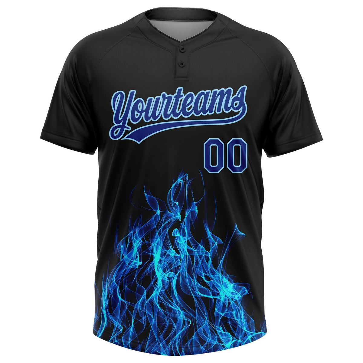 Custom Black Royal-Light Blue 3D Pattern Flame Two-Button Unisex Softball Jersey photo 2