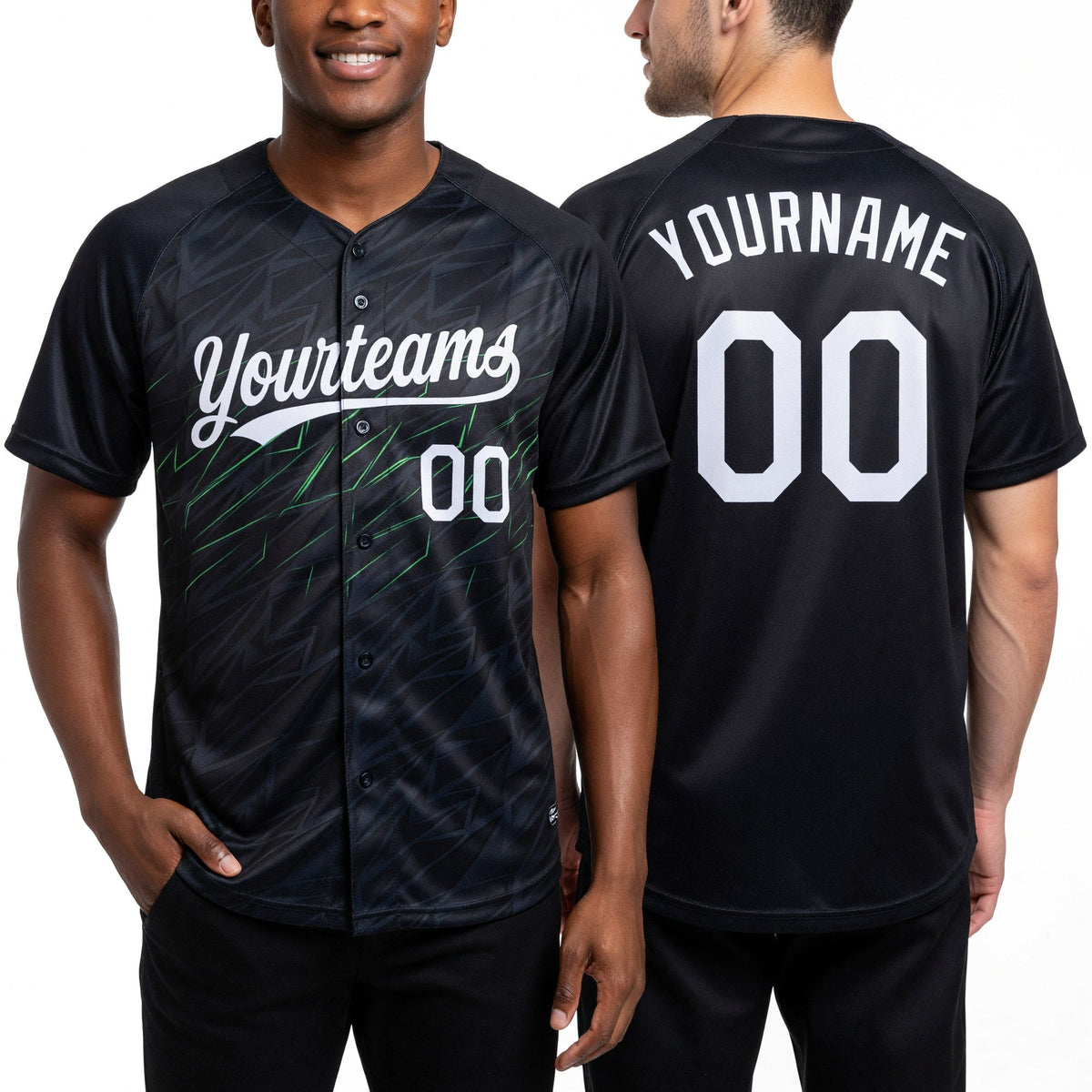 Custom Black White-Neon Green 3D Pattern Two-Button Unisex Softball Jersey worn front and back