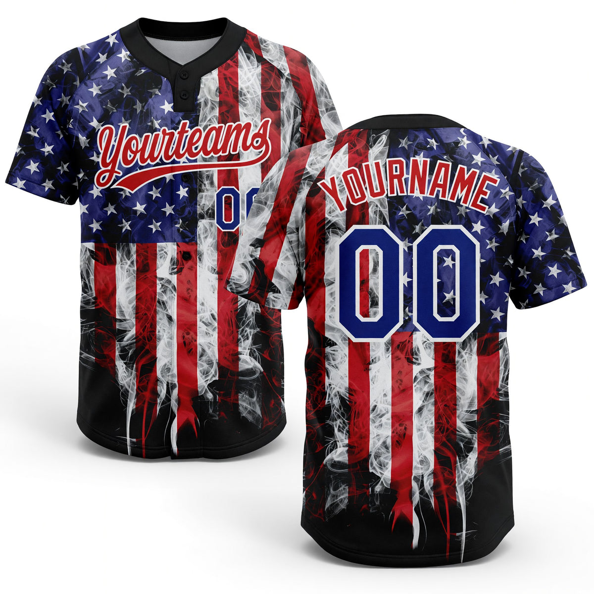 Custom White Royal-Red 3D American Flag Fashion Two-Button Unisex Softball Jersey