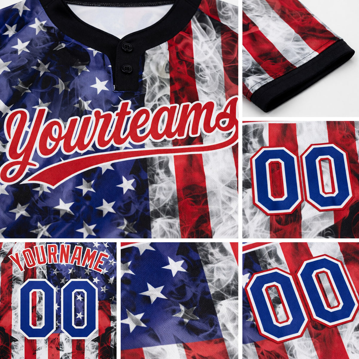 Custom White Royal-Red 3D American Flag Fashion Two-Button Unisex Softball Jersey detail