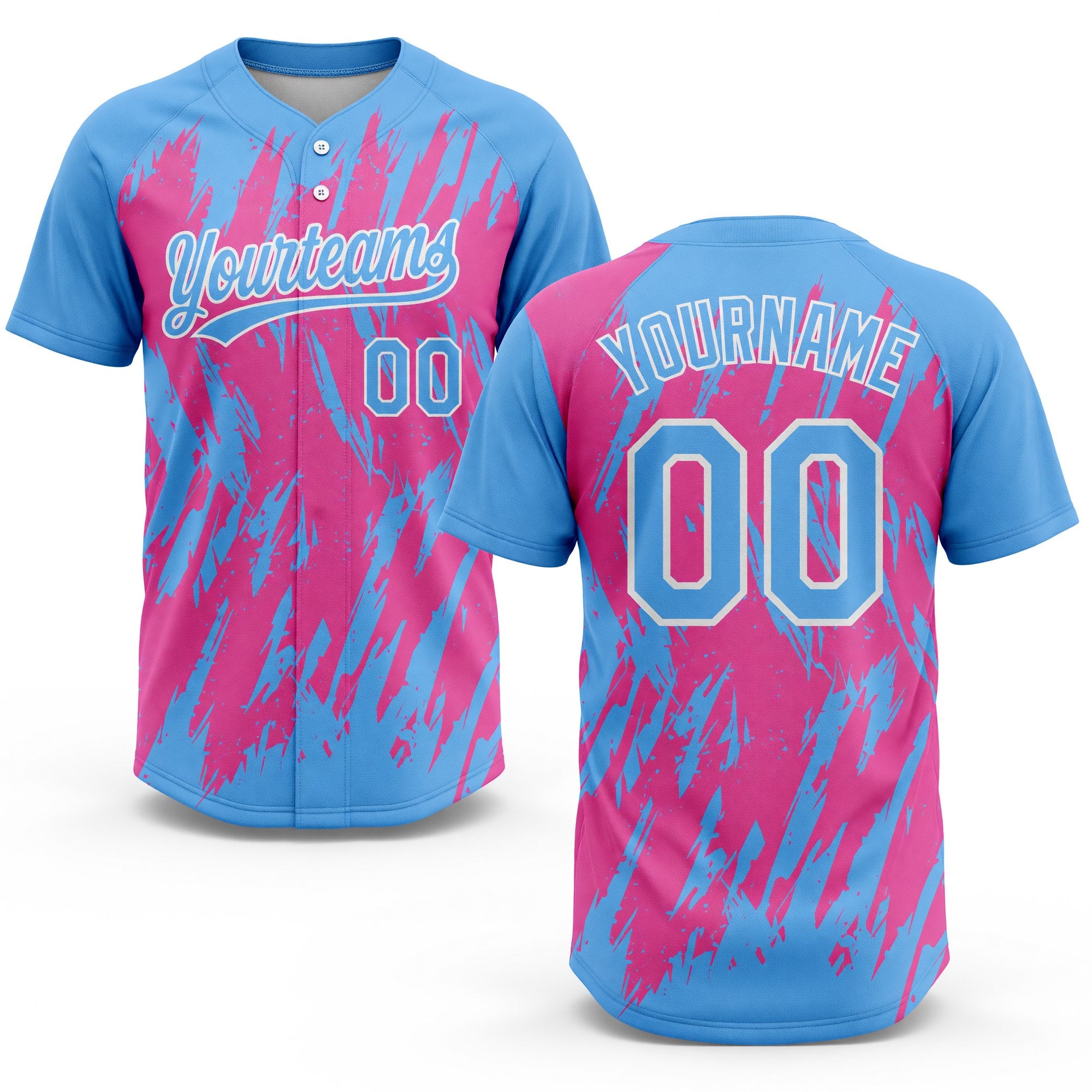 Custom Pink Powder Blue-White 3D Pattern Two-Button Unisex Softball Jersey