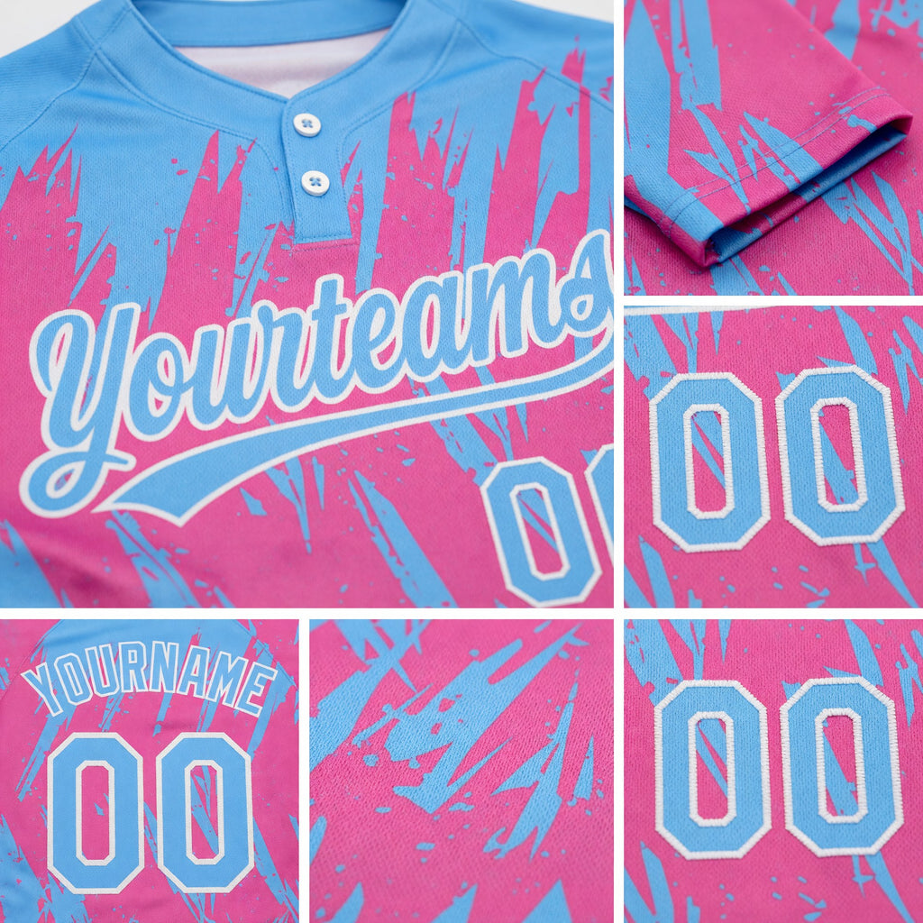 Custom Pink Powder Blue-White 3D Pattern Two-Button Unisex Softball Jersey detail