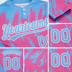 Custom Pink Powder Blue-White 3D Pattern Two-Button Unisex Softball Jersey detail