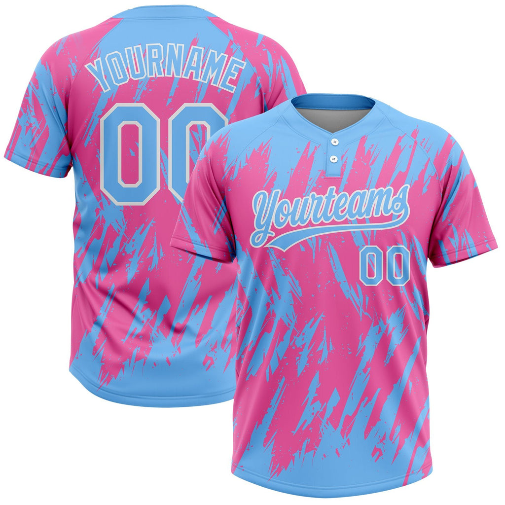 Custom Pink Powder Blue-White 3D Pattern Two-Button Unisex Softball Jersey photo 1