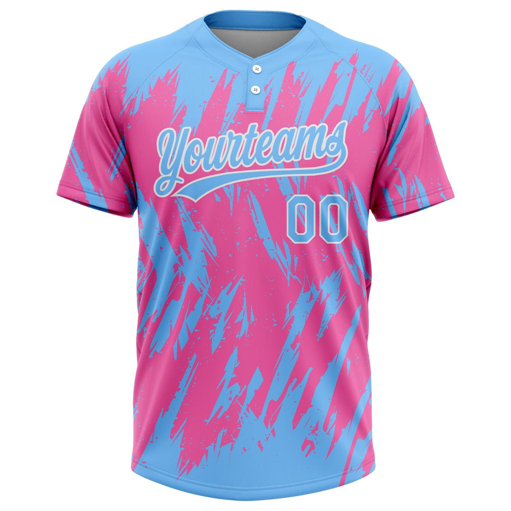 Custom Pink Powder Blue-White 3D Pattern Two-Button Unisex Softball Jersey photo 2