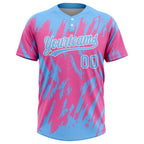 Custom Pink Powder Blue-White 3D Pattern Two-Button Unisex Softball Jersey photo 2
