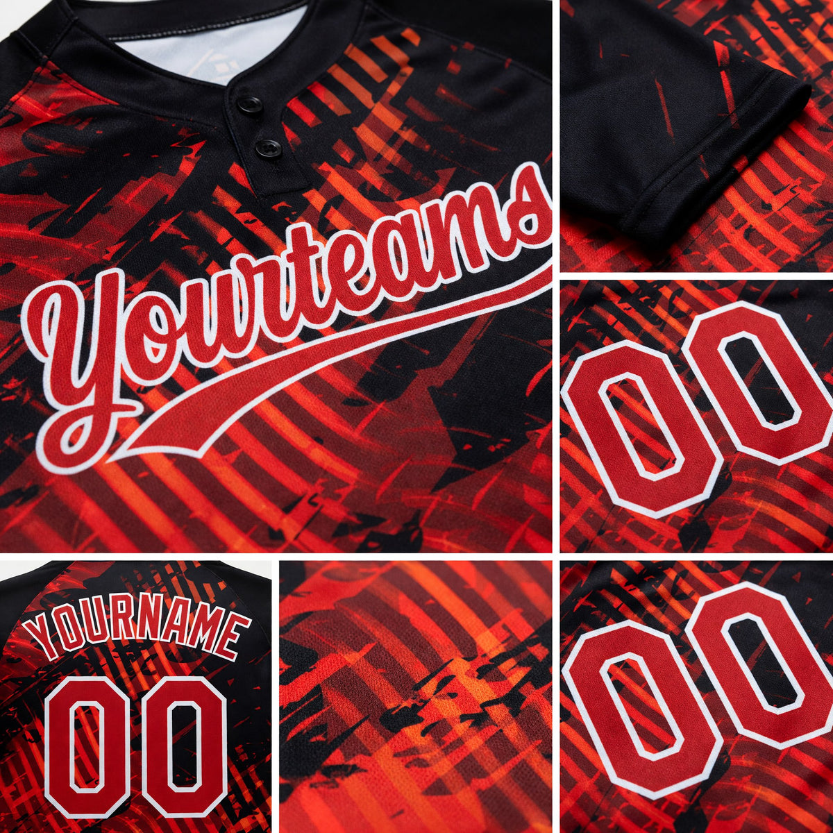 Custom Black Red-White 3D Pattern Two-Button Unisex Softball Jersey detail