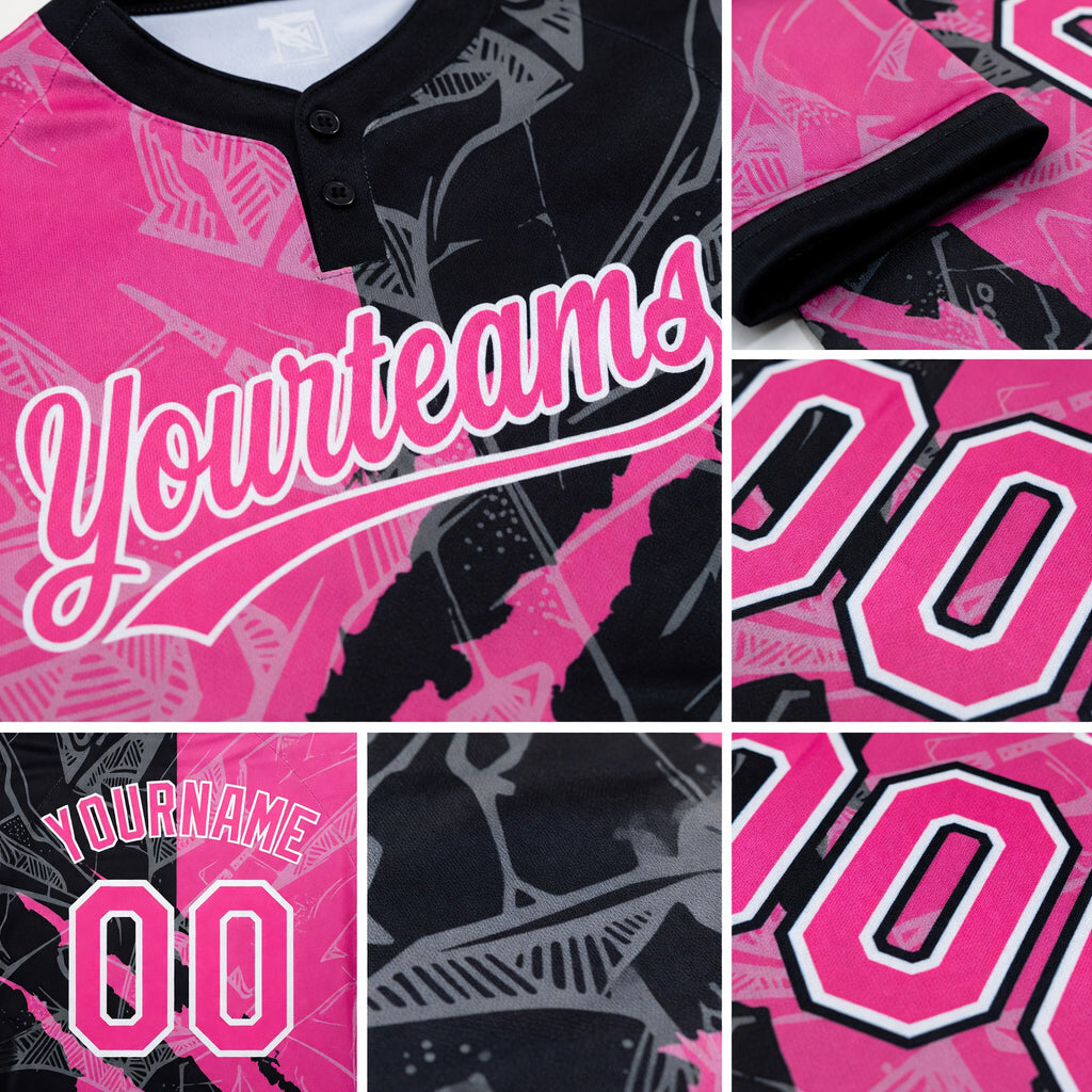 Custom Graffiti Pattern Pink-Black 3D Two-Button Unisex Softball Jersey detail