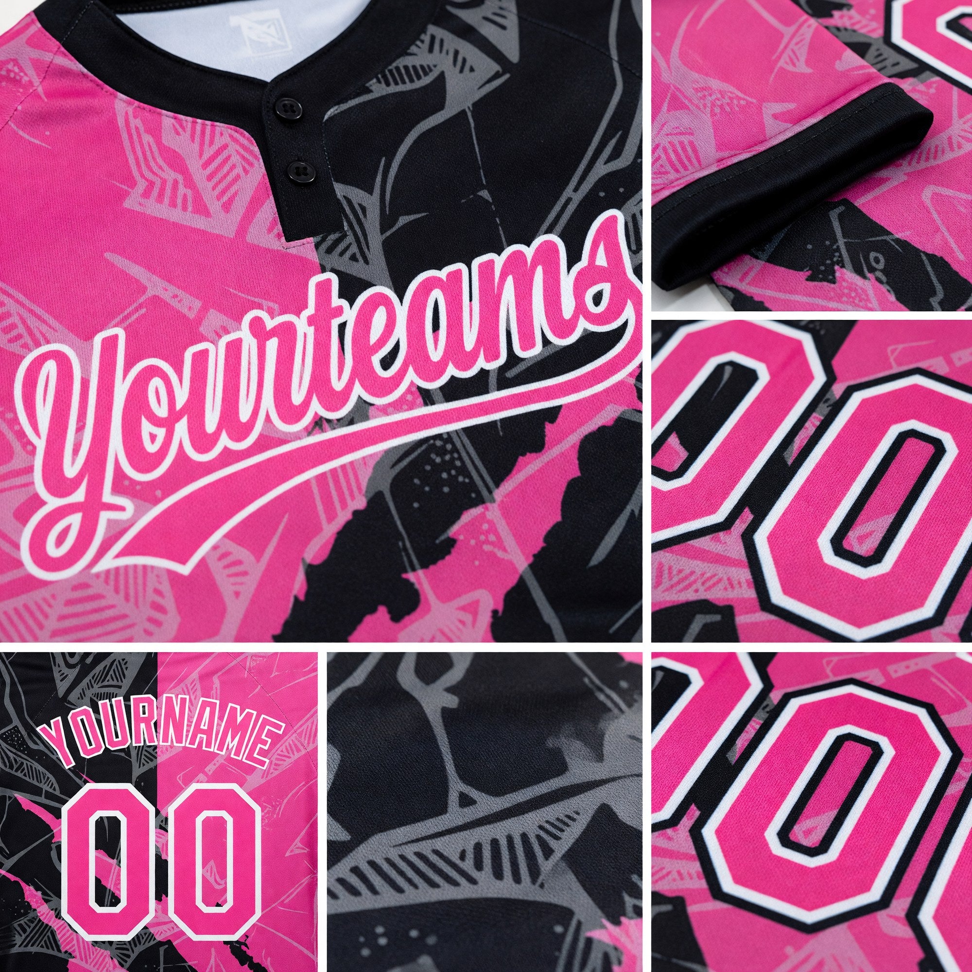 Custom Graffiti Pattern Pink-Black 3D Two-Button Unisex Softball Jersey detail