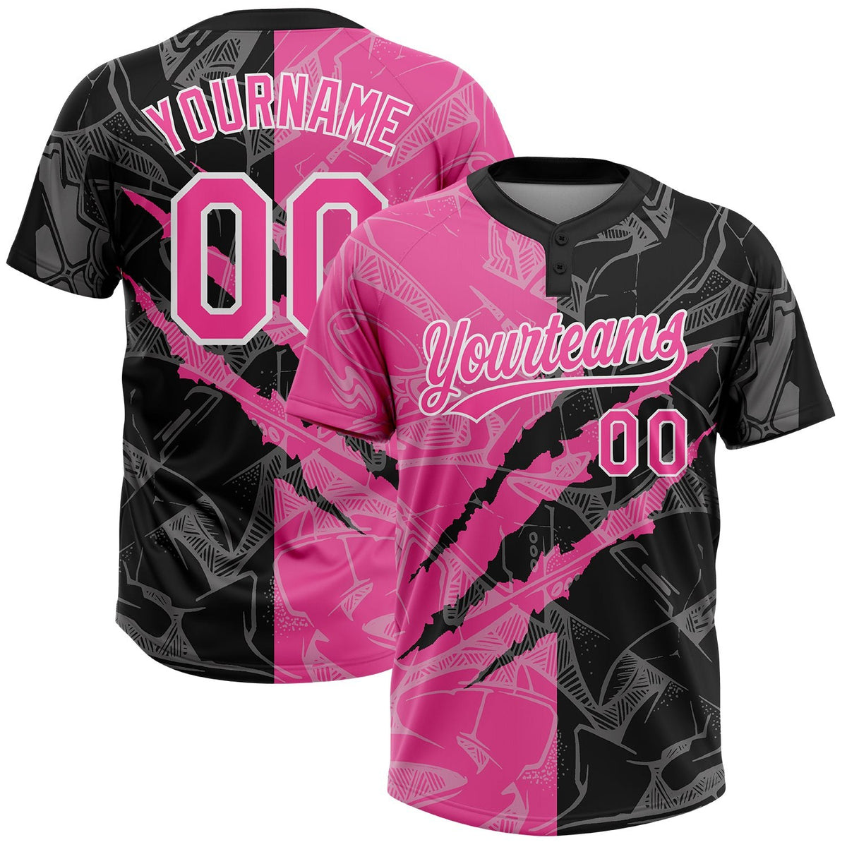 Custom Graffiti Pattern Pink-Black 3D Two-Button Unisex Softball Jersey photo 1