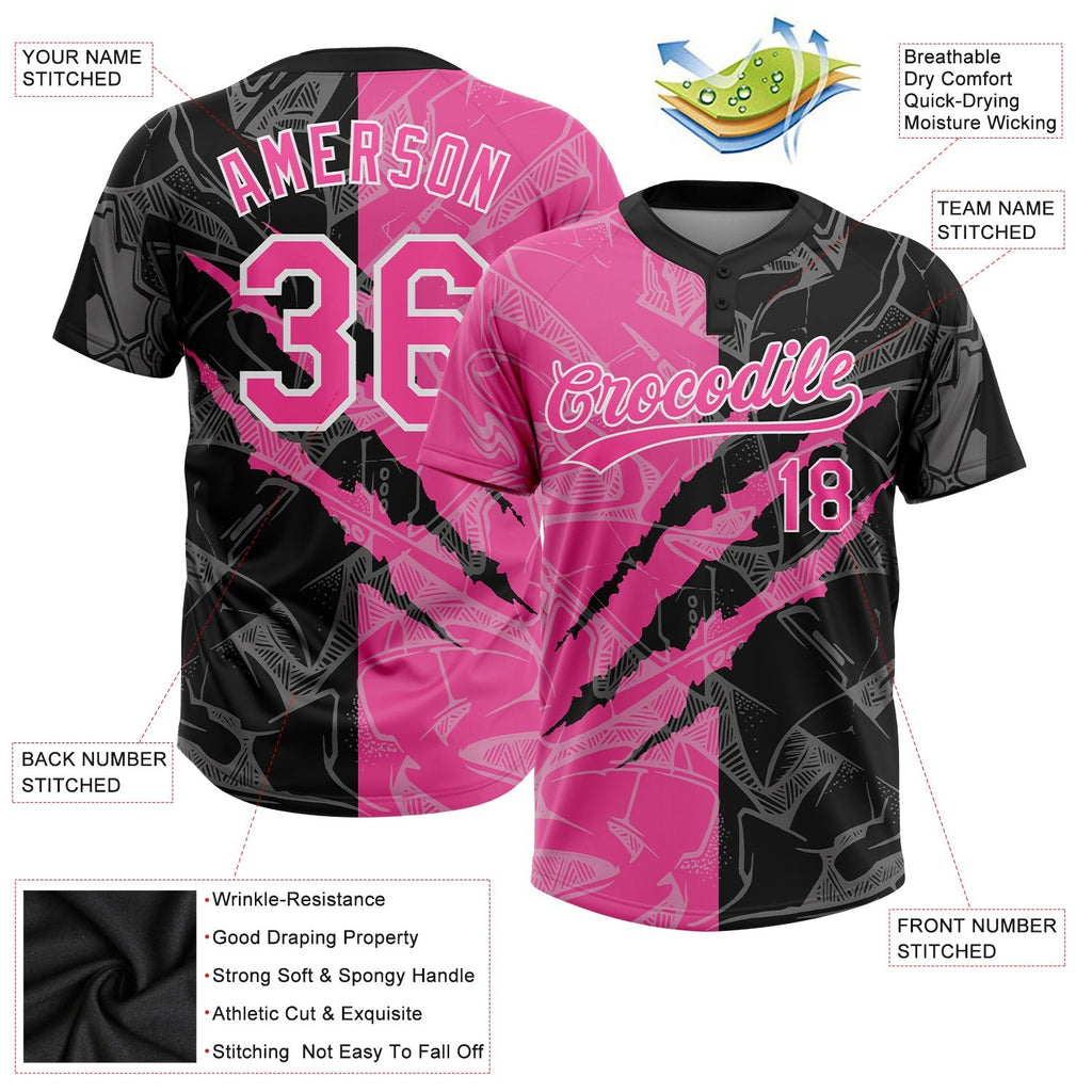 Custom Graffiti Pattern Pink-Black 3D Two-Button Unisex Softball Jersey photo 4