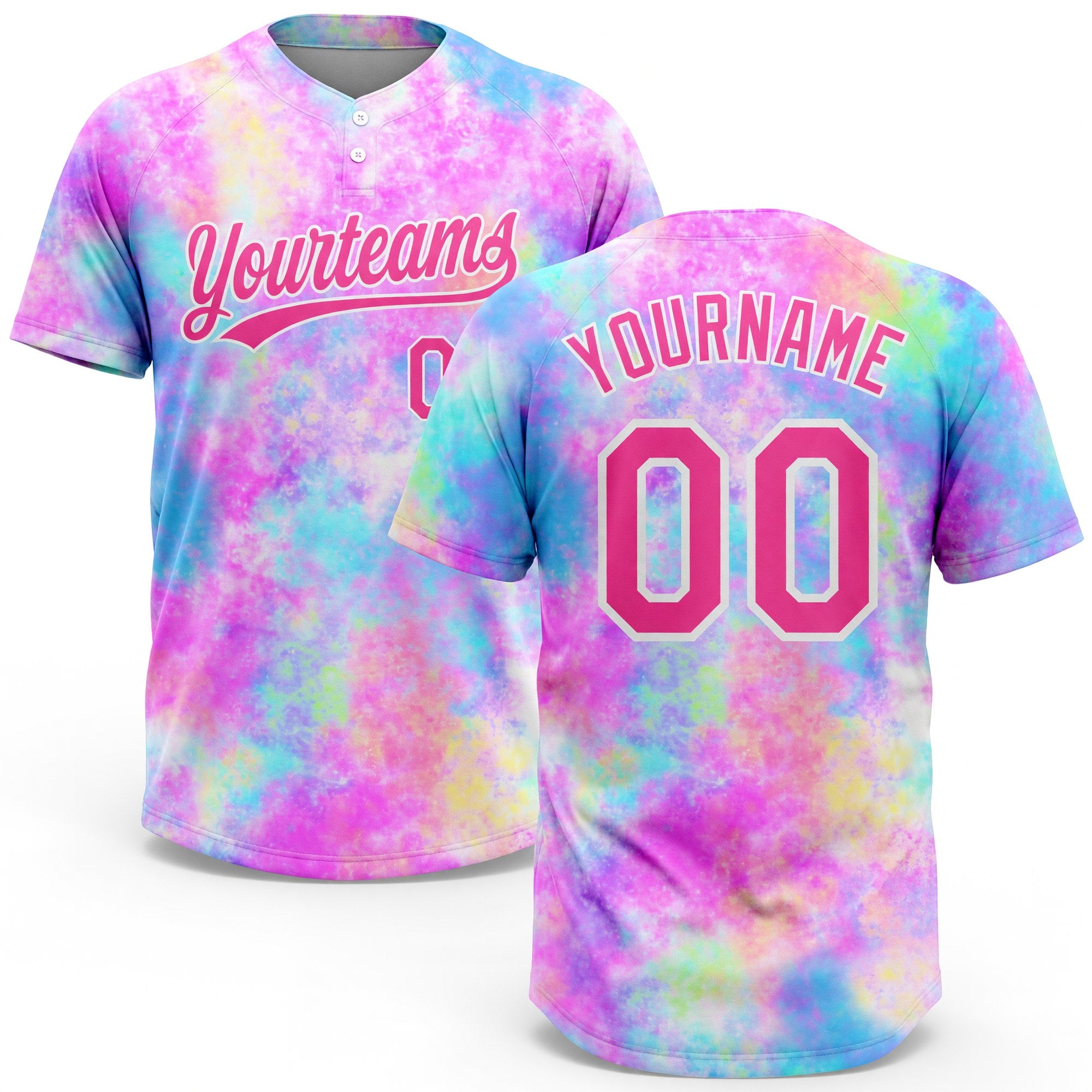 Custom Tie Dye Pink-White 3D Watercolor Gradient Two-Button Unisex Softball Jersey
