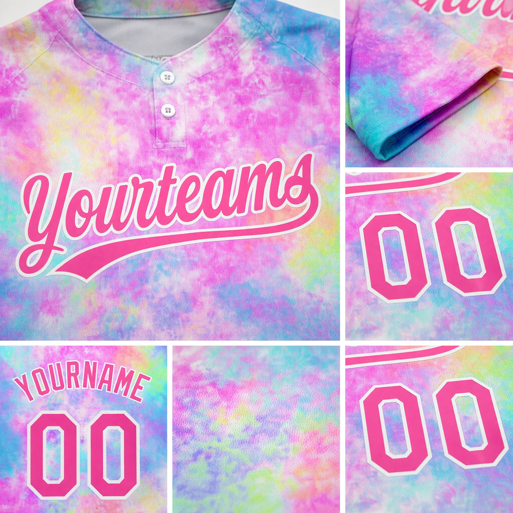 Custom Tie Dye Pink-White 3D Watercolor Gradient Two-Button Unisex Softball Jersey detail