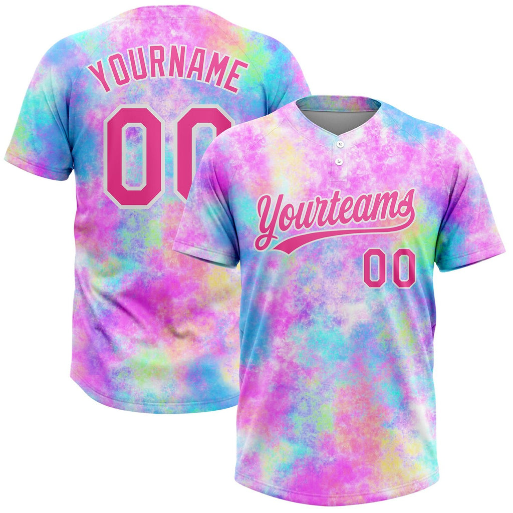 Custom Tie Dye Pink-White 3D Watercolor Gradient Two-Button Unisex Softball Jersey photo 1