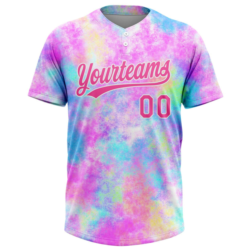 Custom Tie Dye Pink-White 3D Watercolor Gradient Two-Button Unisex Softball Jersey photo 2