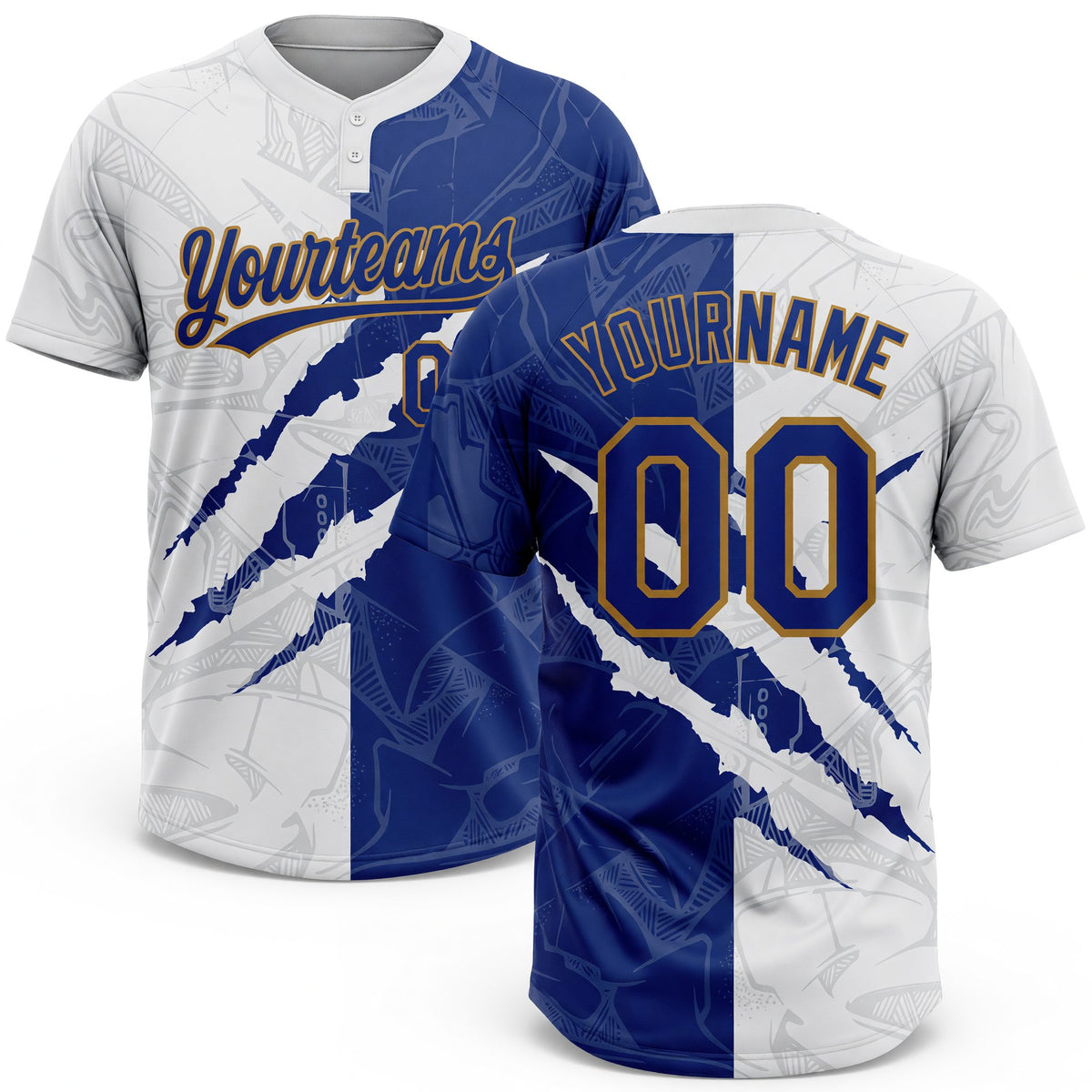 Custom Graffiti Pattern Royal-Old Gold 3D Two-Button Unisex Softball Jersey