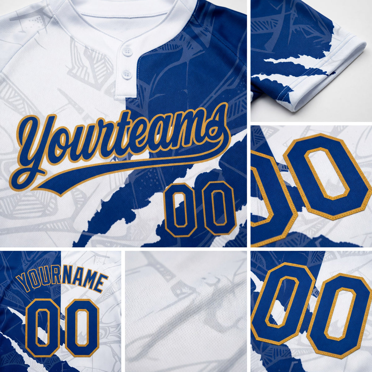 Custom Graffiti Pattern Royal-Old Gold 3D Two-Button Unisex Softball Jersey detail