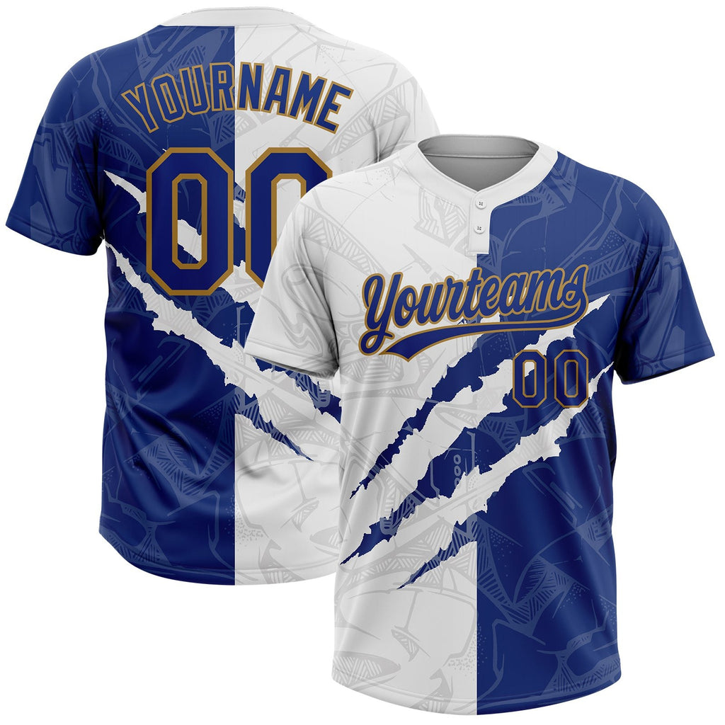 Custom Graffiti Pattern Royal-Old Gold 3D Two-Button Unisex Softball Jersey photo 1