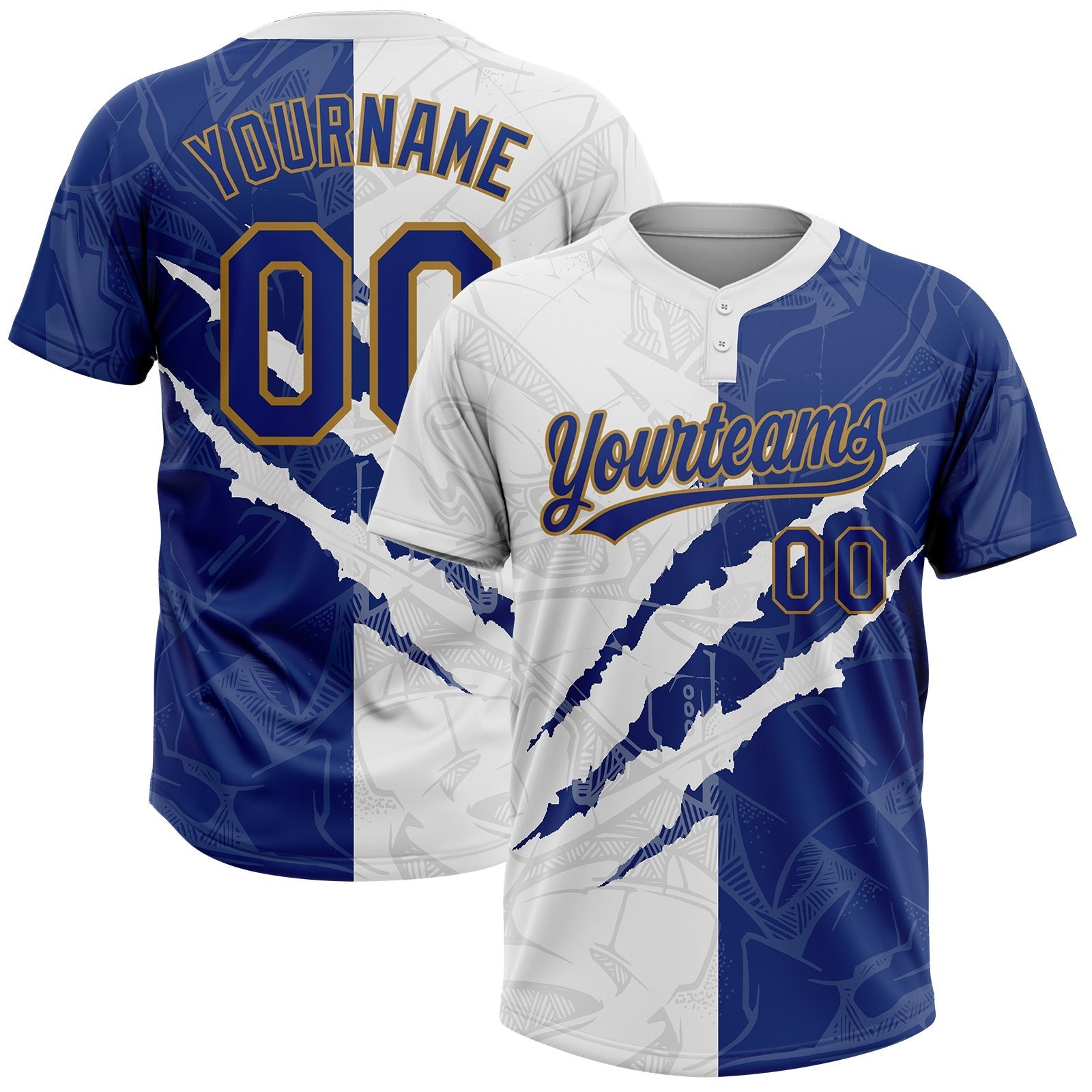 Custom Graffiti Pattern Royal-Old Gold 3D Two-Button Unisex Softball Jersey photo 1