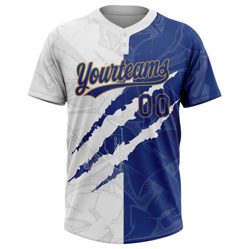 Custom Graffiti Pattern Royal-Old Gold 3D Two-Button Unisex Softball Jersey photo 2