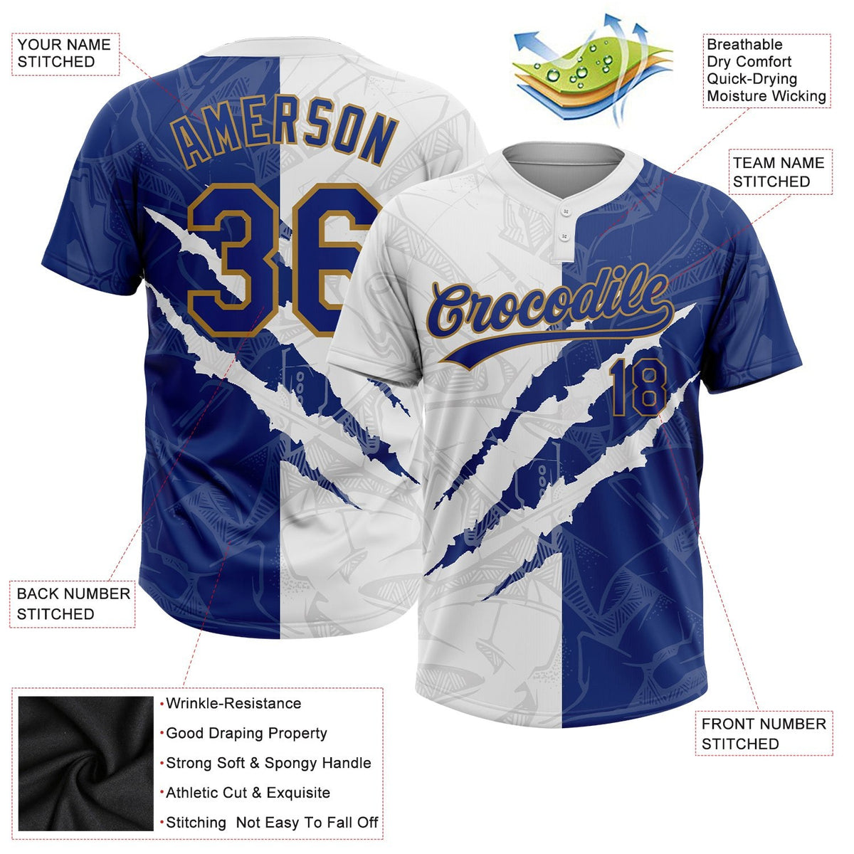 Custom Graffiti Pattern Royal-Old Gold 3D Two-Button Unisex Softball Jersey photo 3