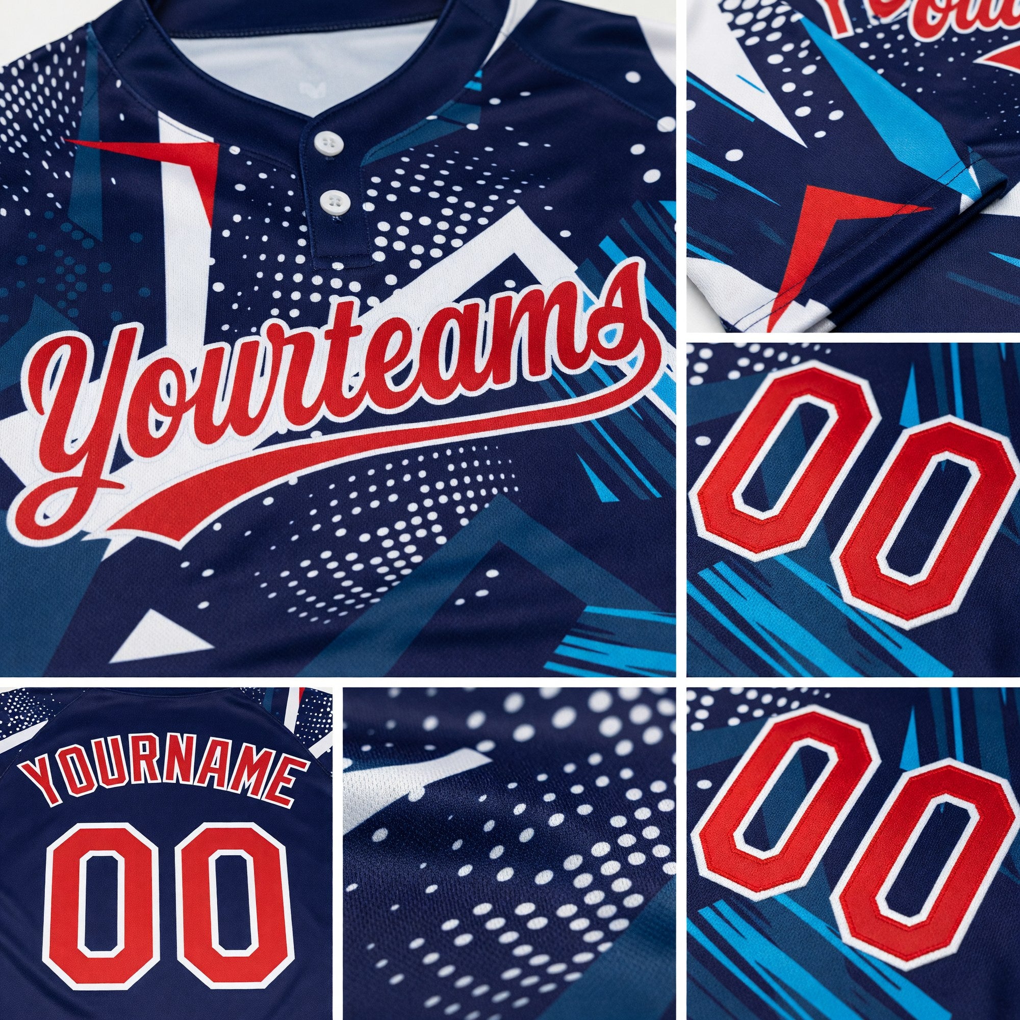 Custom Navy Red-White 3D Pattern Two-Button Unisex Softball Jersey detail