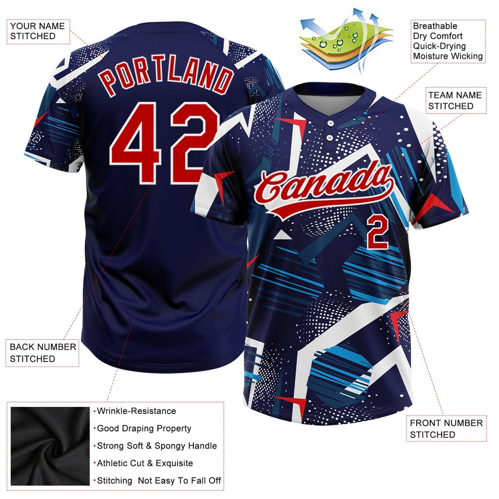Custom Navy Red-White 3D Pattern Two-Button Unisex Softball Jersey photo 3