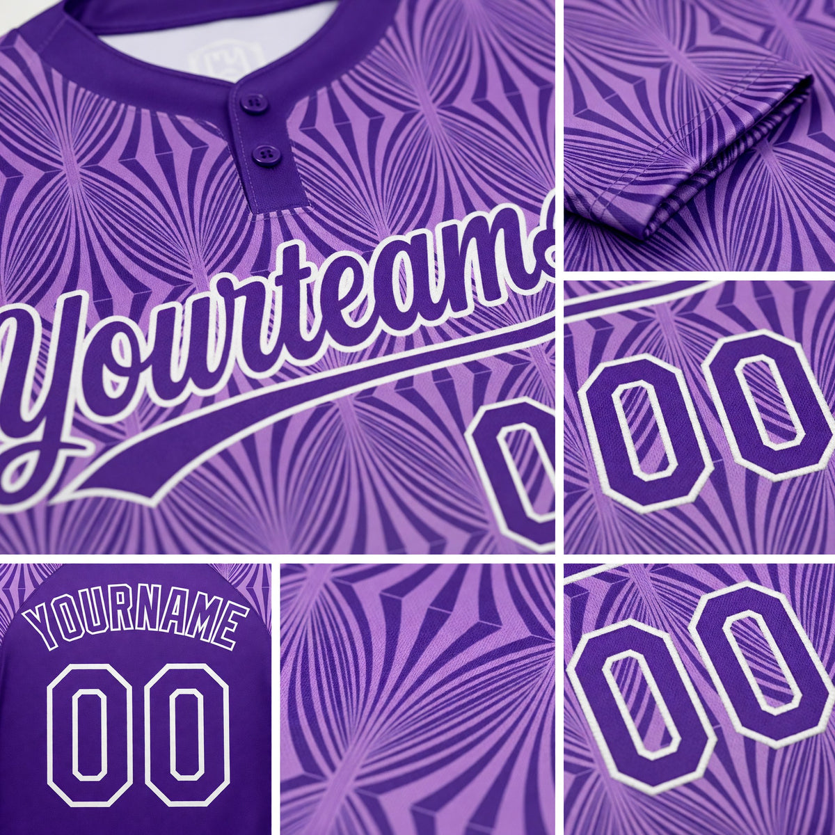 Custom Purple Purple-White 3D Pattern Two-Button Unisex Softball Jersey detail