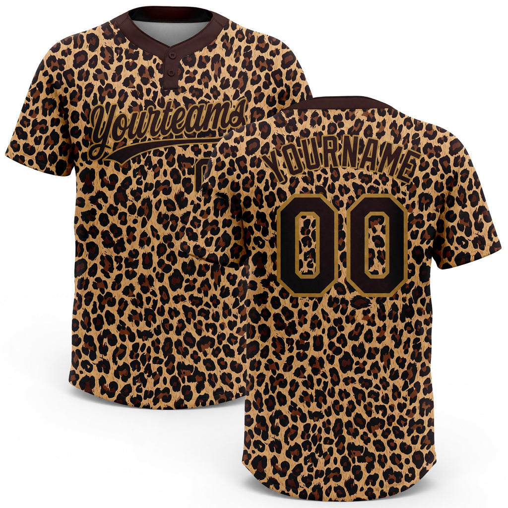 Custom Brown Brown-Old Gold 3D Pattern Leopard Two-Button Unisex Softball Jersey