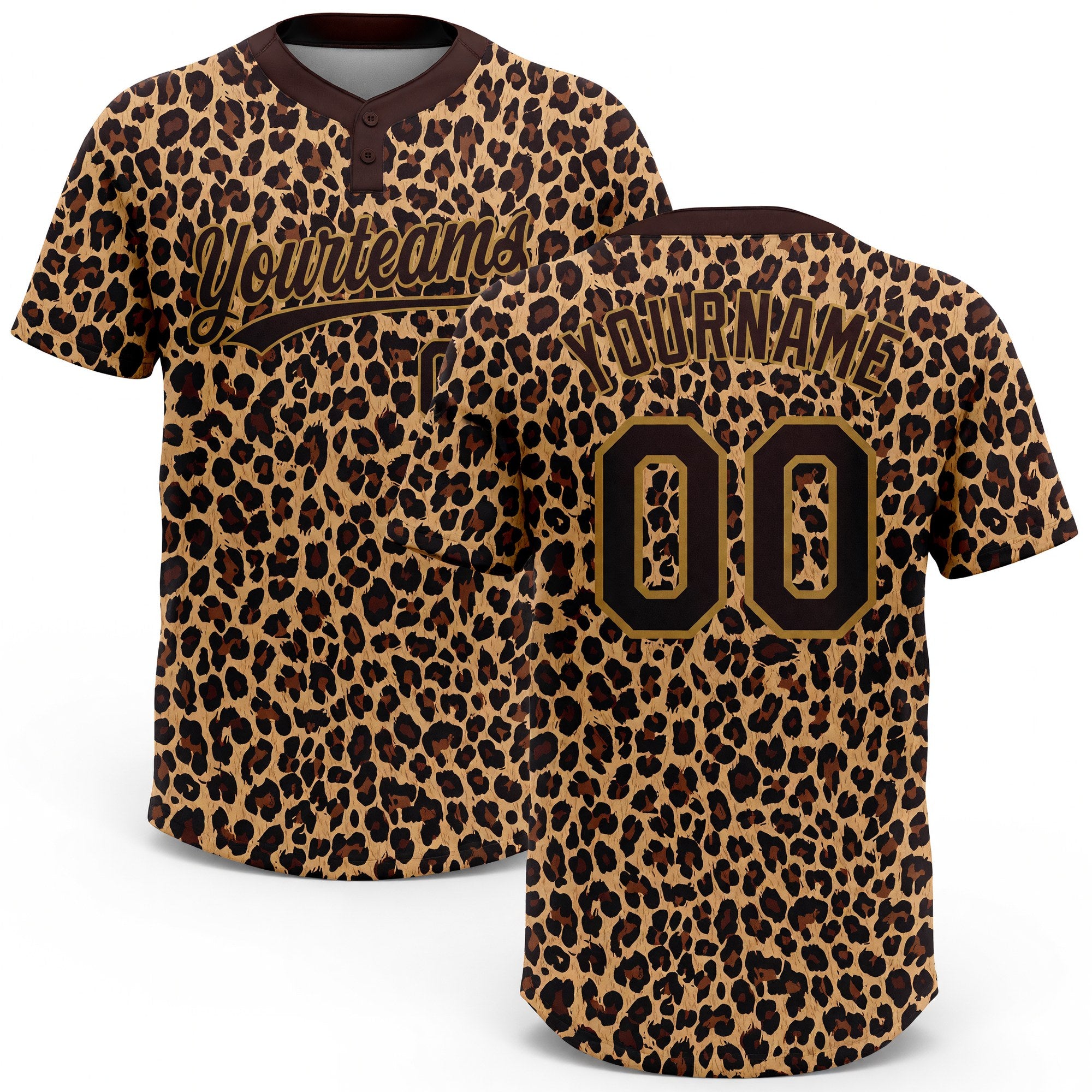 Custom Brown Brown-Old Gold 3D Pattern Leopard Two-Button Unisex Softball Jersey