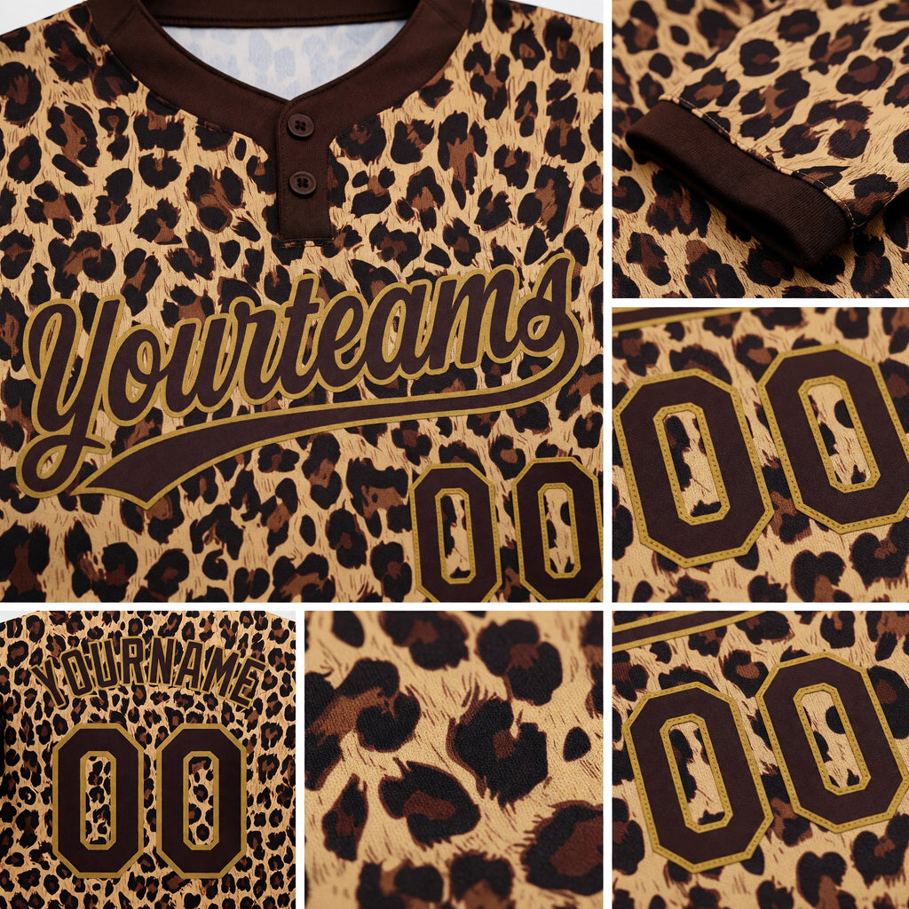 Custom Brown Brown-Old Gold 3D Pattern Leopard Two-Button Unisex Softball Jersey detail