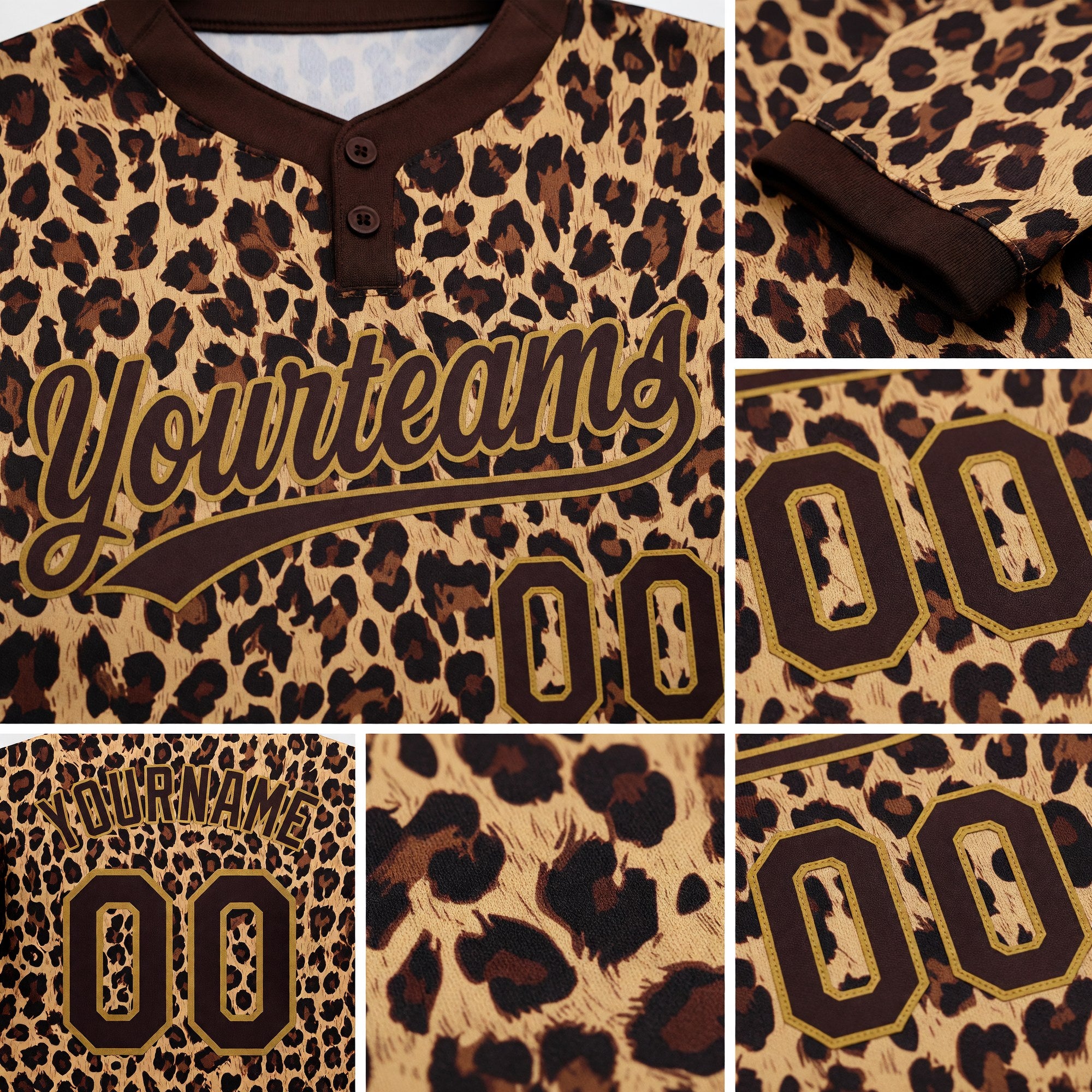 Custom Brown Brown-Old Gold 3D Pattern Leopard Two-Button Unisex Softball Jersey detail