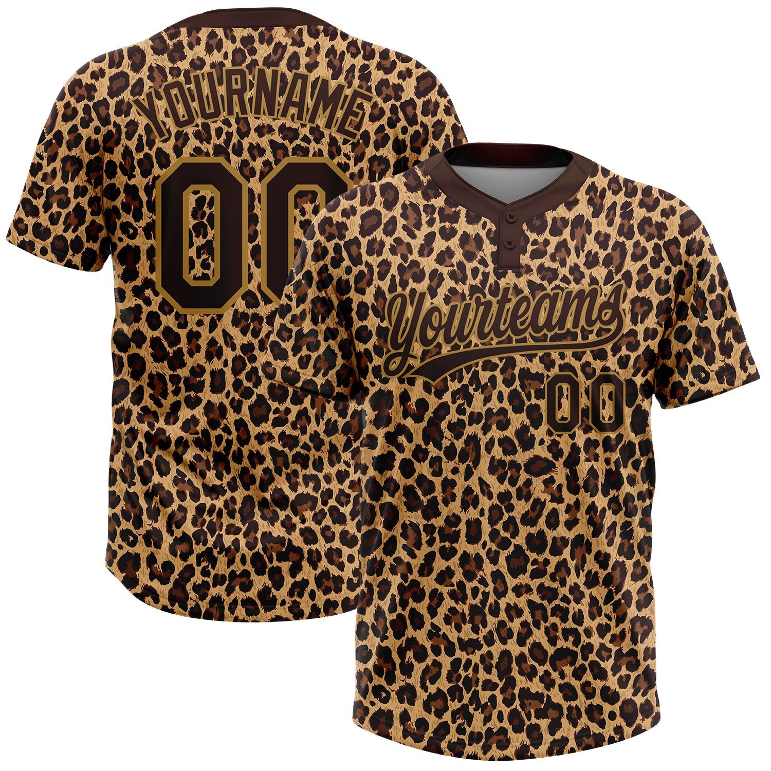 Custom Brown Brown-Old Gold 3D Pattern Leopard Two-Button Unisex Softball Jersey photo 1