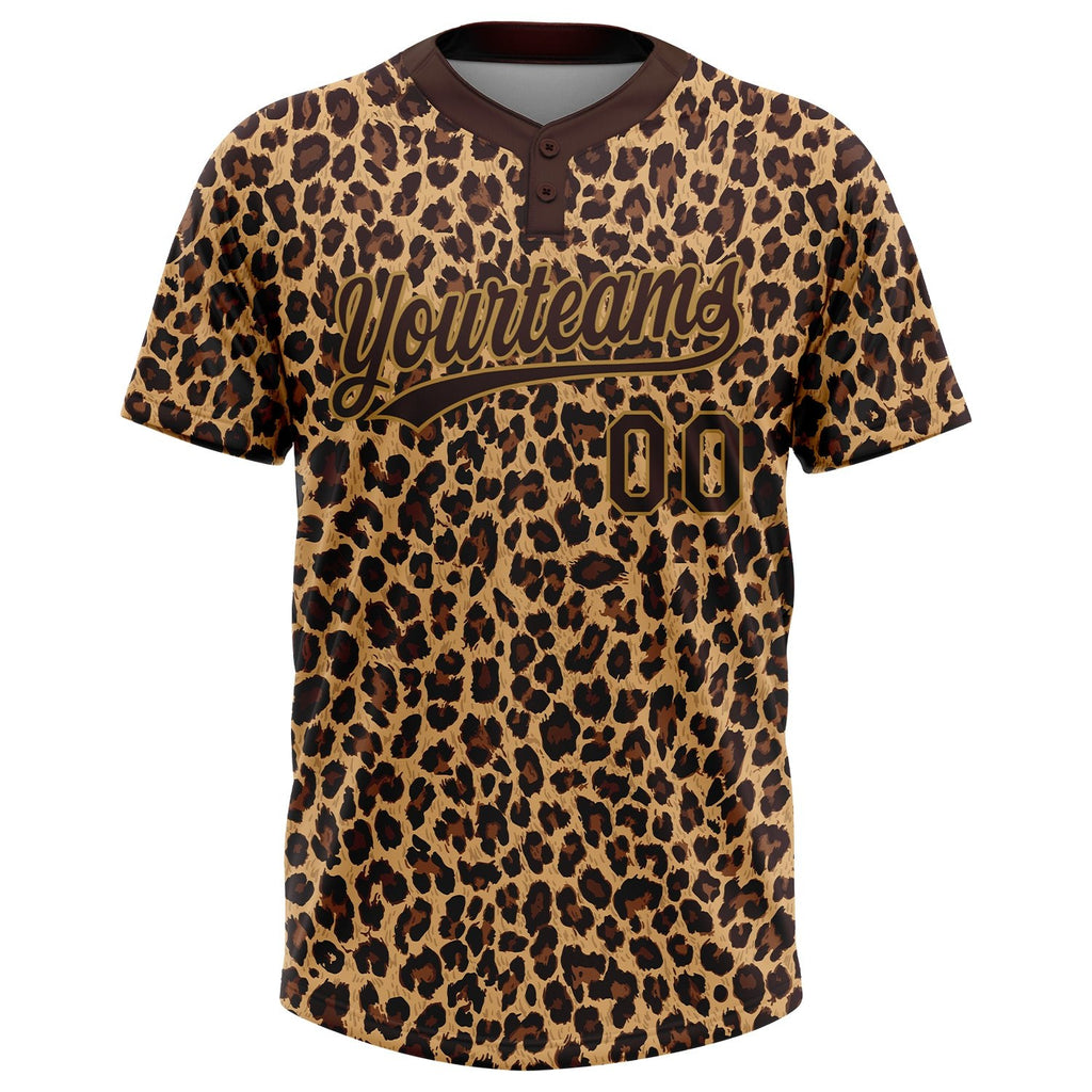 Custom Brown Brown-Old Gold 3D Pattern Leopard Two-Button Unisex Softball Jersey photo 2