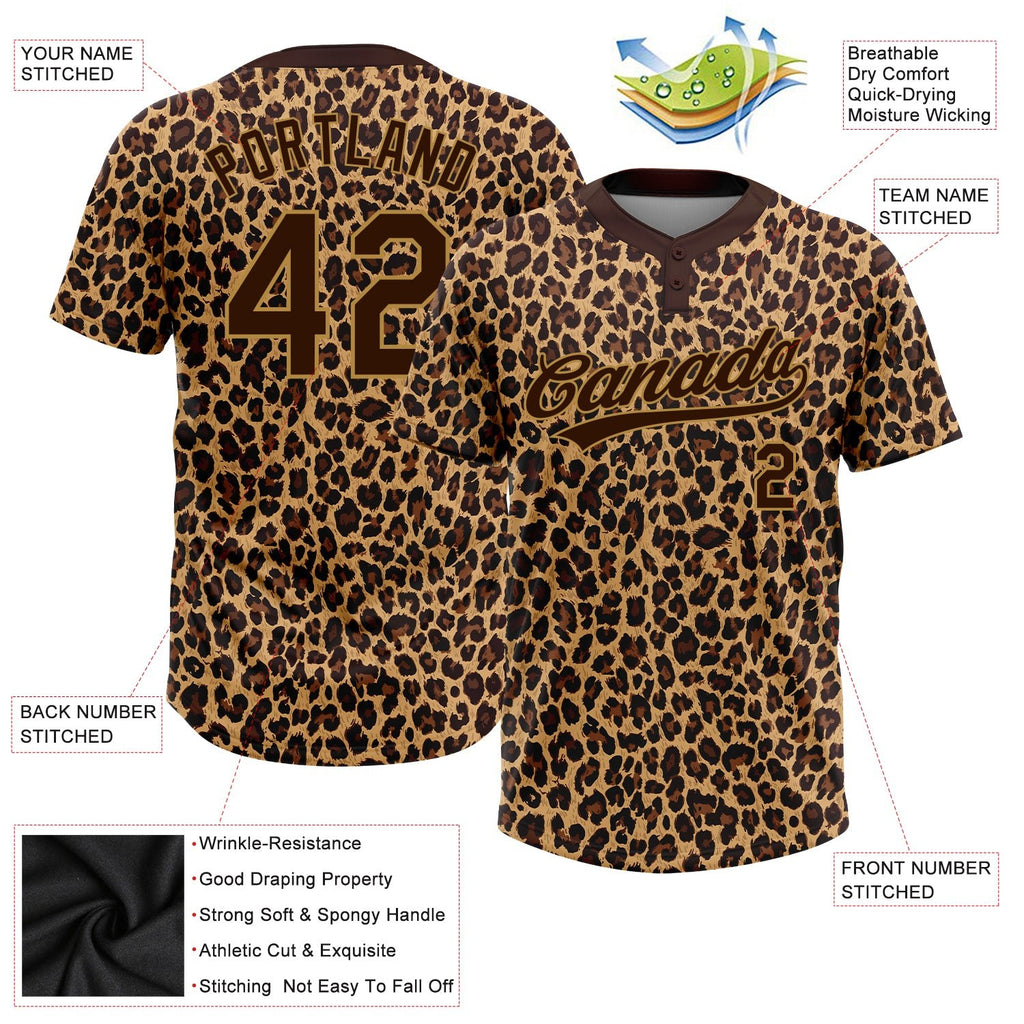 Custom Brown Brown-Old Gold 3D Pattern Leopard Two-Button Unisex Softball Jersey photo 3