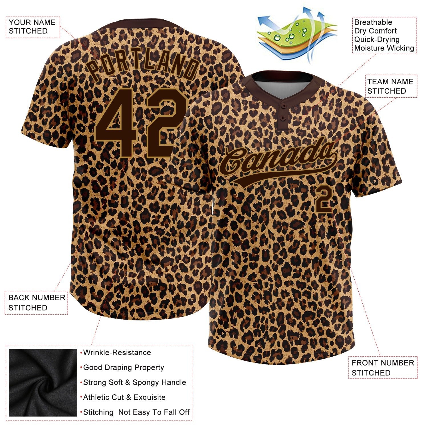 Custom Brown Brown-Old Gold 3D Pattern Leopard Two-Button Unisex Softball Jersey photo 3