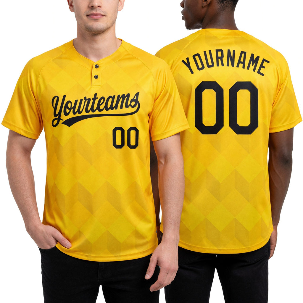 Custom Gold Black 3D Pattern Two-Button Unisex Softball Jersey worn front and back