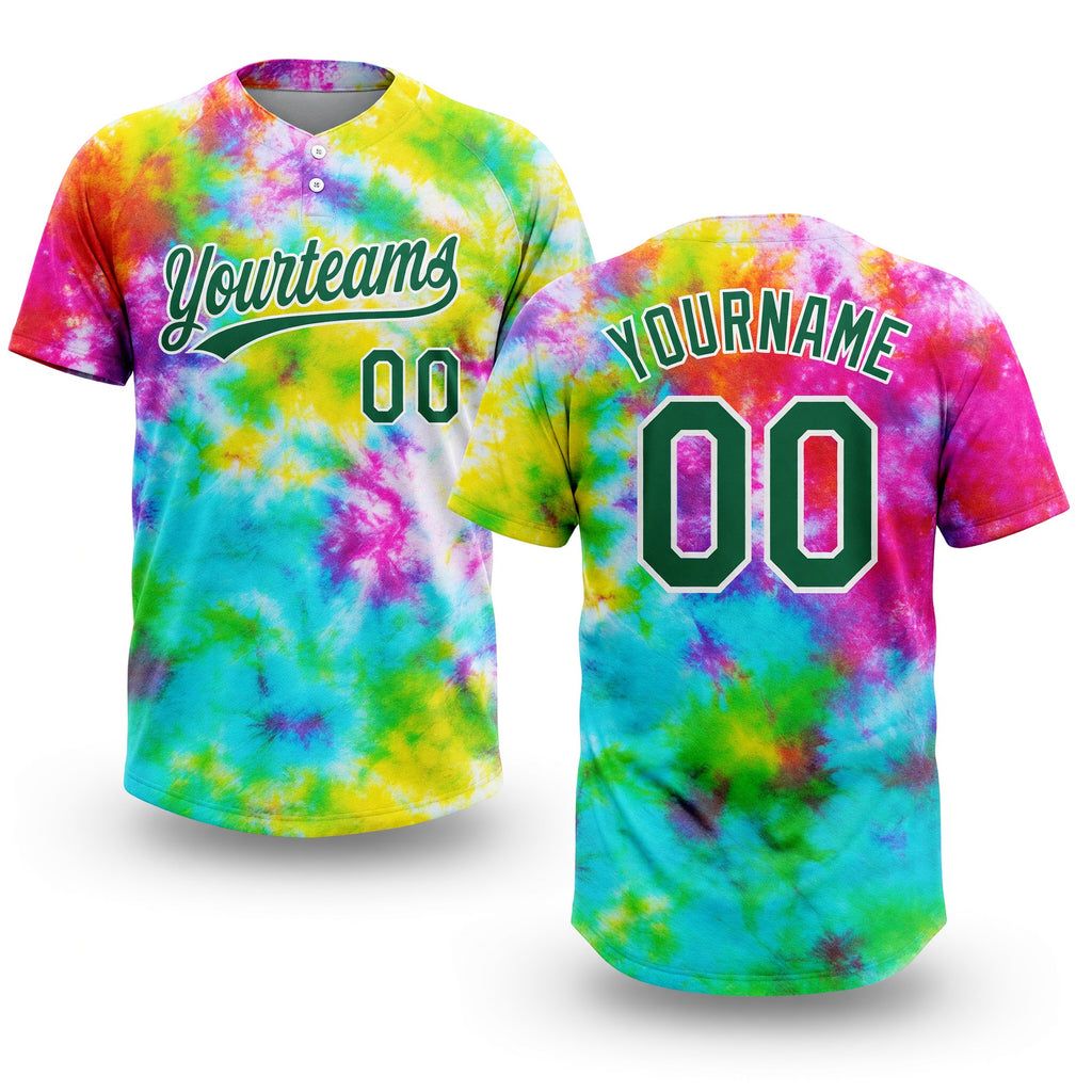 Custom Tie Dye Kelly Green-White 3D Rainbow Two-Button Unisex Softball Jersey