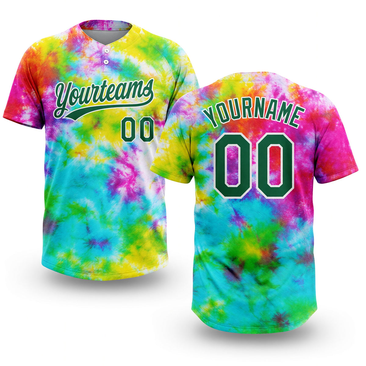 Custom Tie Dye Kelly Green-White 3D Rainbow Two-Button Unisex Softball Jersey