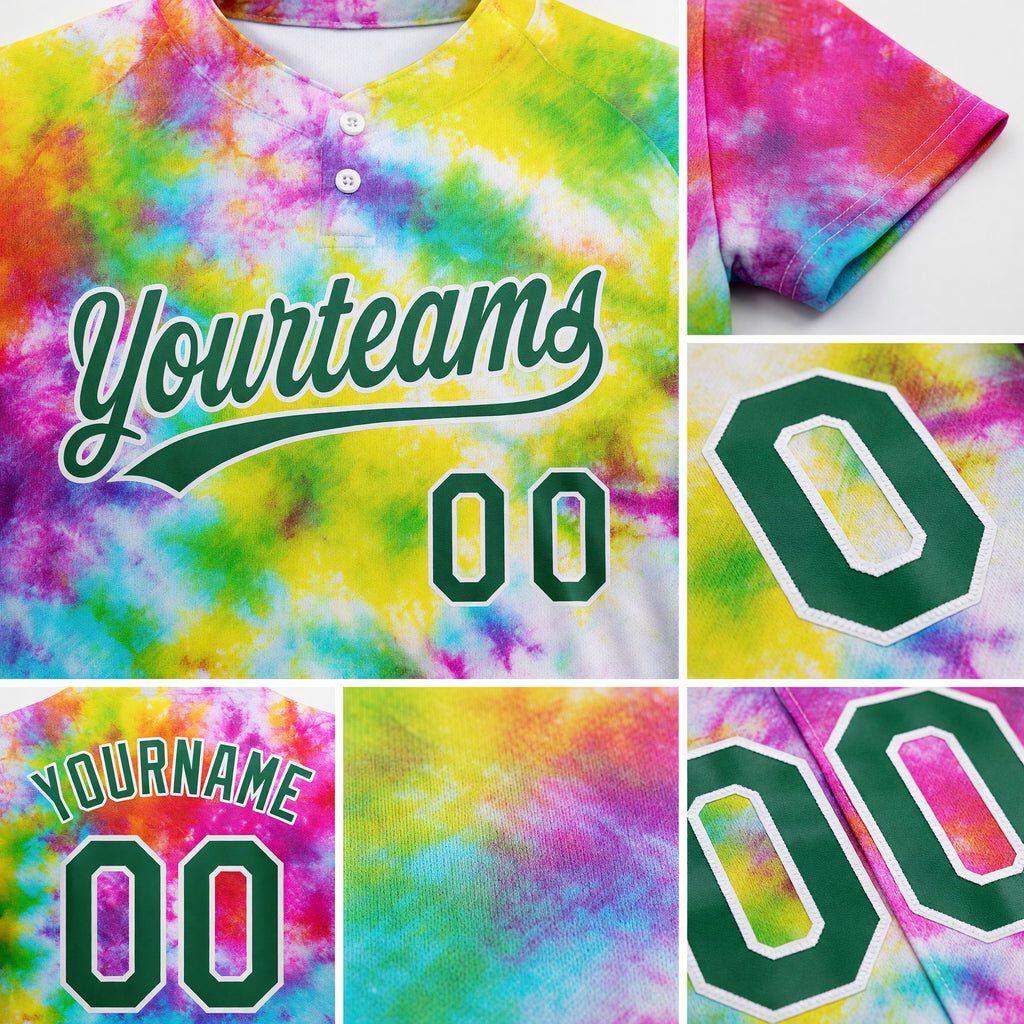 Custom Tie Dye Kelly Green-White 3D Rainbow Two-Button Unisex Softball Jersey detail