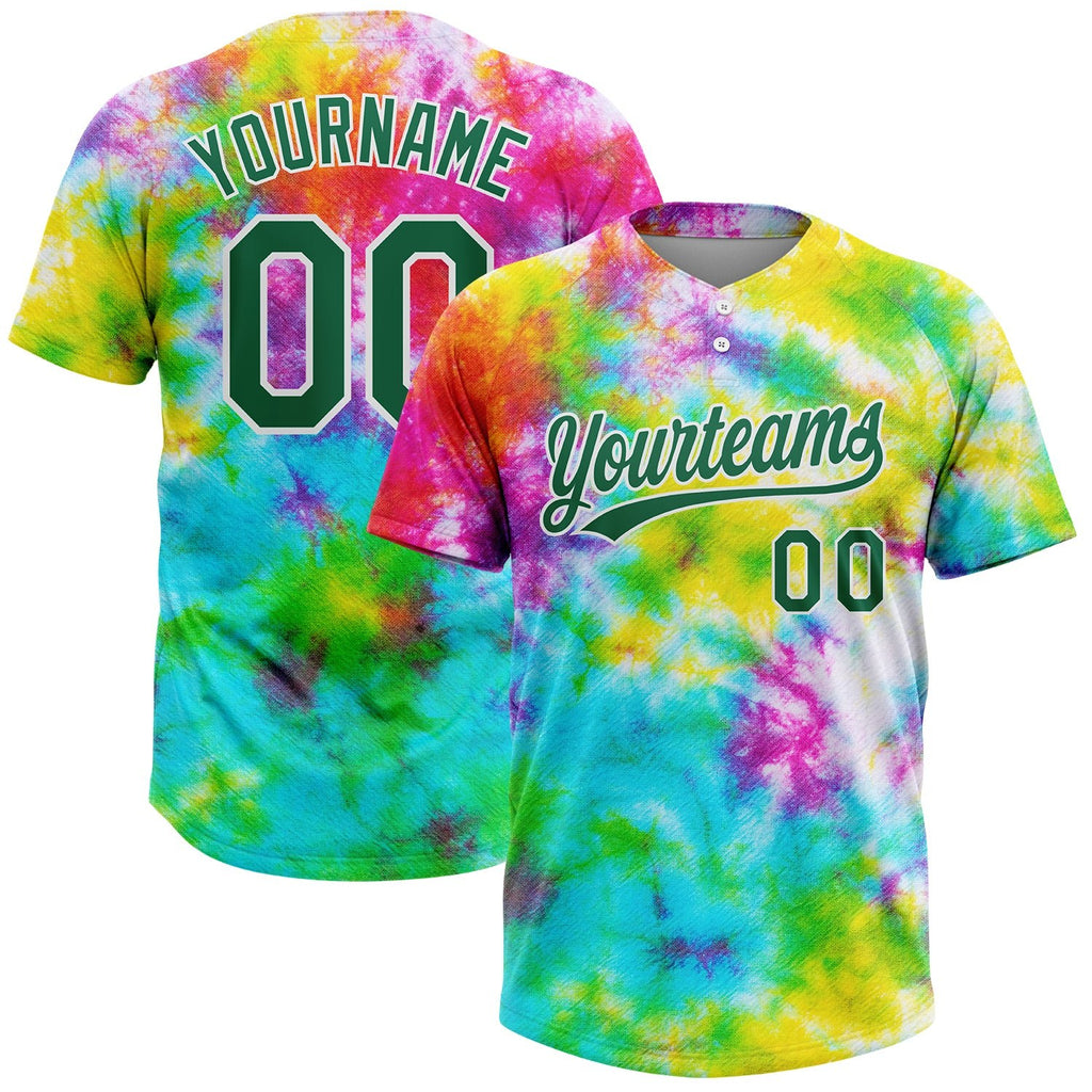 Custom Tie Dye Kelly Green-White 3D Rainbow Two-Button Unisex Softball Jersey photo 1