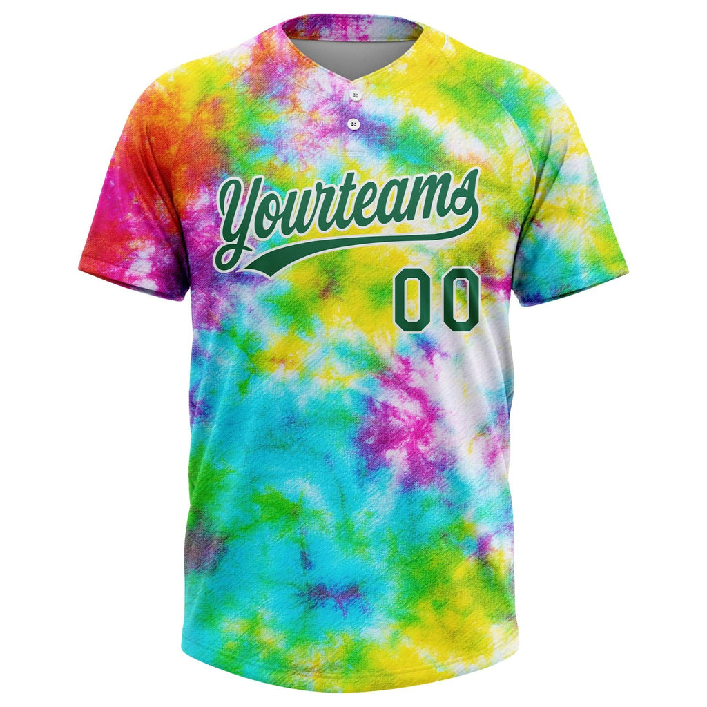 Custom Tie Dye Kelly Green-White 3D Rainbow Two-Button Unisex Softball Jersey photo 2
