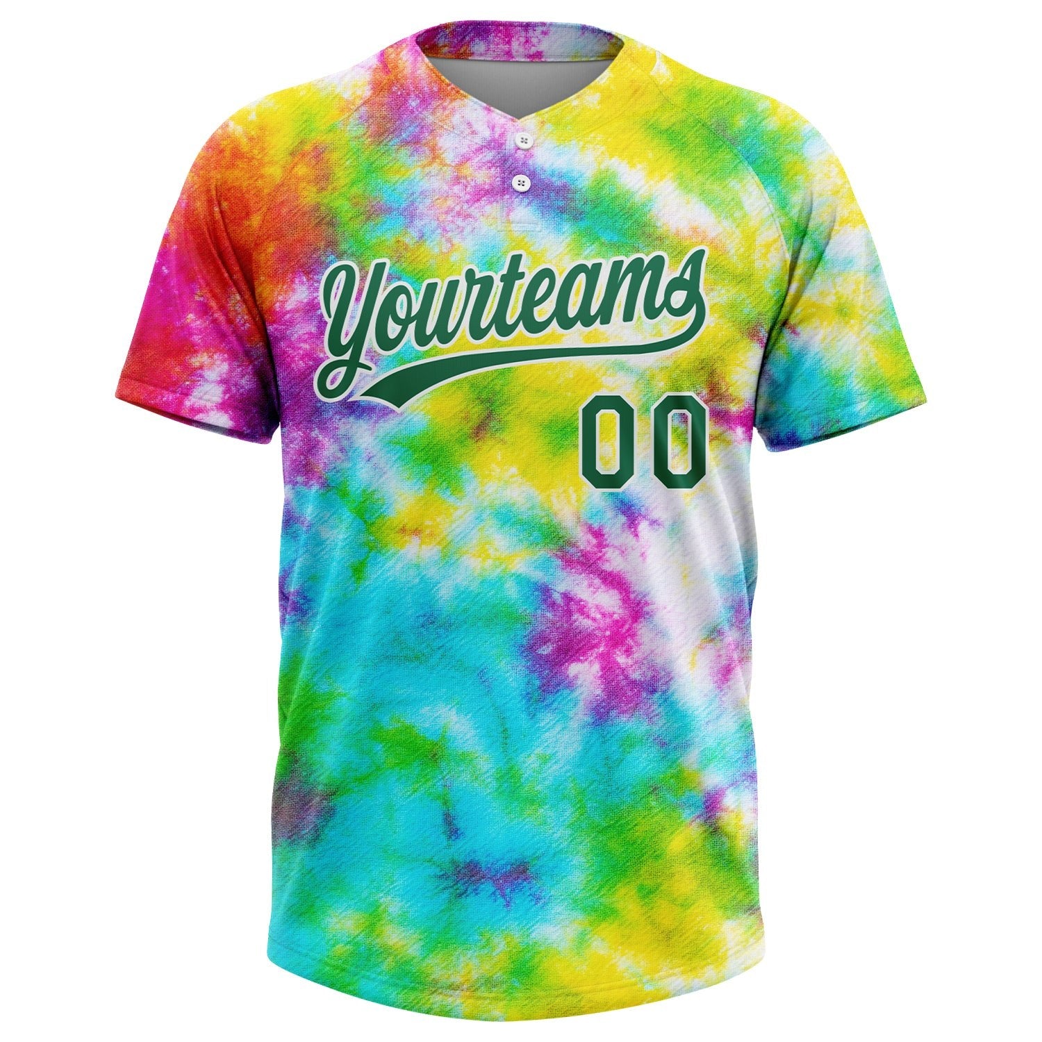 Custom Tie Dye Kelly Green-White 3D Rainbow Two-Button Unisex Softball Jersey photo 2