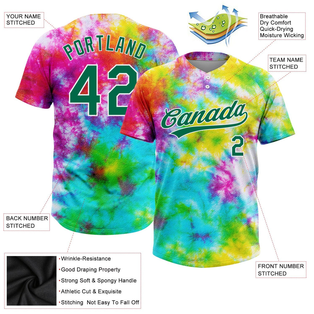 Custom Tie Dye Kelly Green-White 3D Rainbow Two-Button Unisex Softball Jersey photo 3