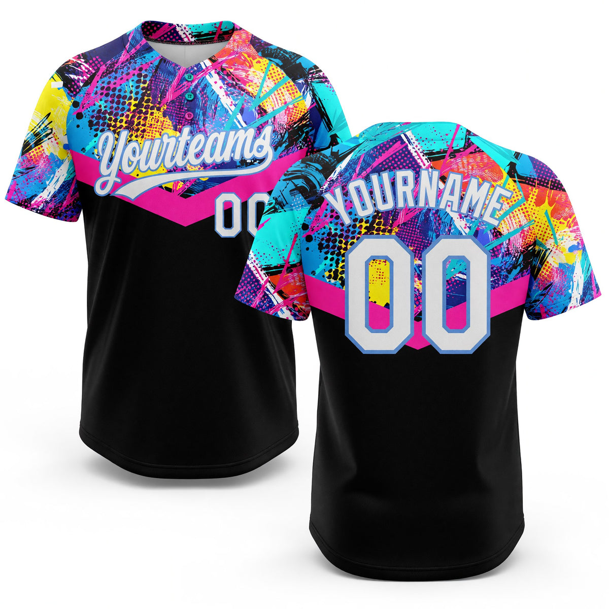 Custom Black White-Light Blue 3D Pattern Two-Button Unisex Softball Jersey
