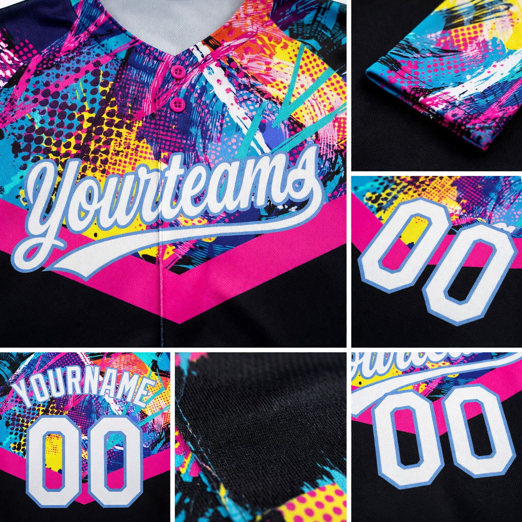 Custom Black White-Light Blue 3D Pattern Two-Button Unisex Softball Jersey detail